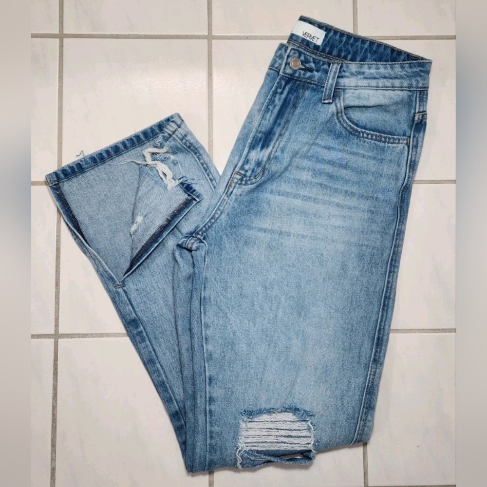 Denim Jeans Distressed With Cut-Out Bottom Straight Legs By Velvet Size 28